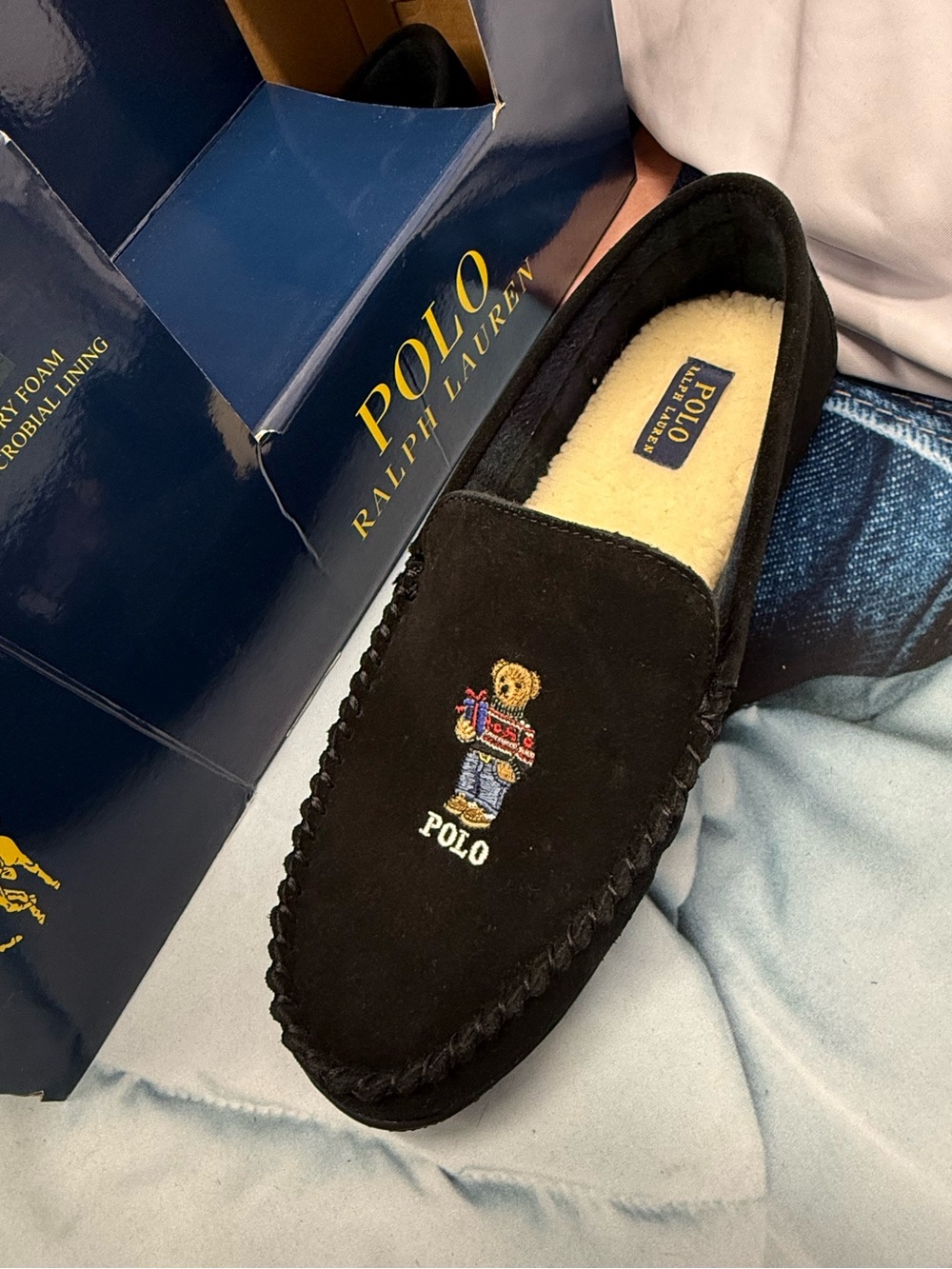 (new+tag) Polo by Ralph Lauren Men Sz 12 Black Suede Polo Bear Moccasin Slippers